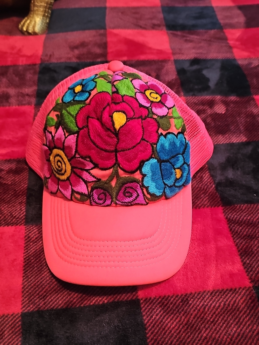 Womens Pink Floral Embroidered Mesh Trucker Hat